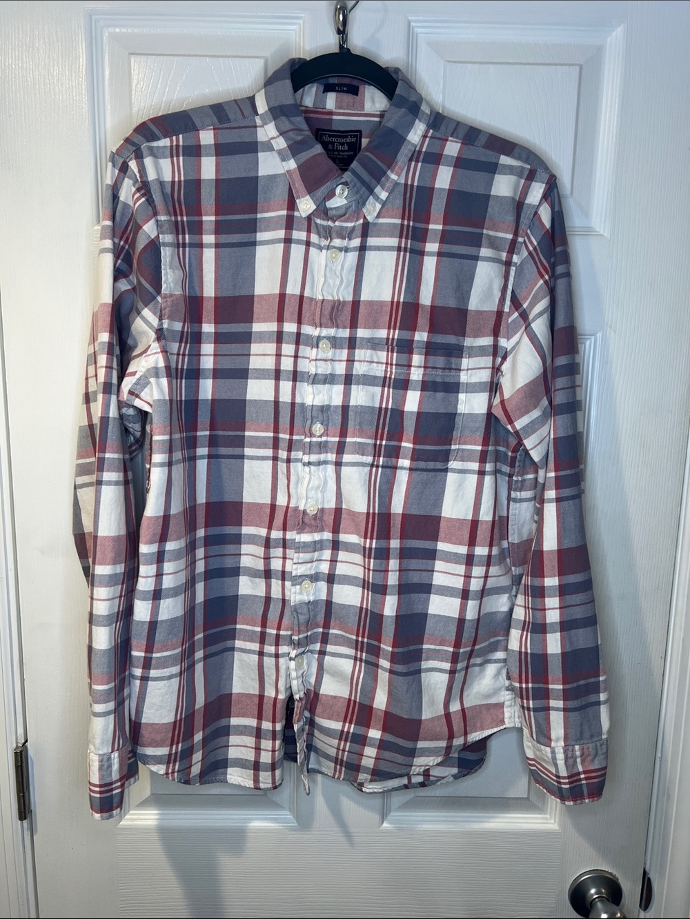 Abercrombie & Fitch Men's Red and Gray Plaid Button-Down Shirt Size L Slim